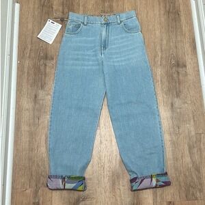MANILA GRACE | NWT Light Wash High Rise Straight Leg Floral Cuff Jeans, 26